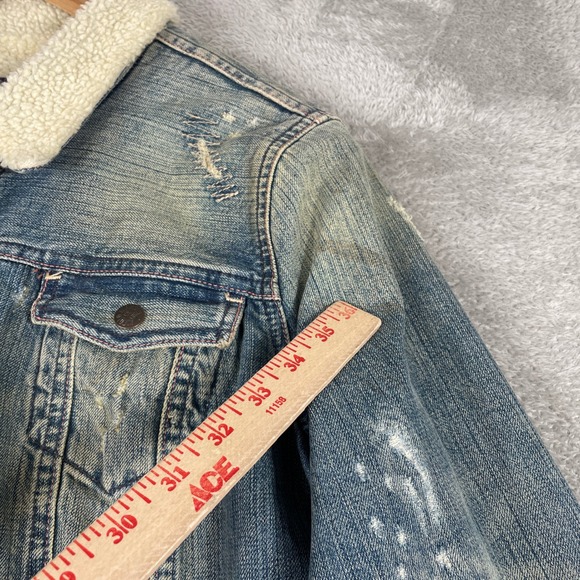 Y2K Polo Jeans Ralph Lauren Denim Jacket Womens XL Sherpa Lined Distressed 2000s - Picture 5 of 16
